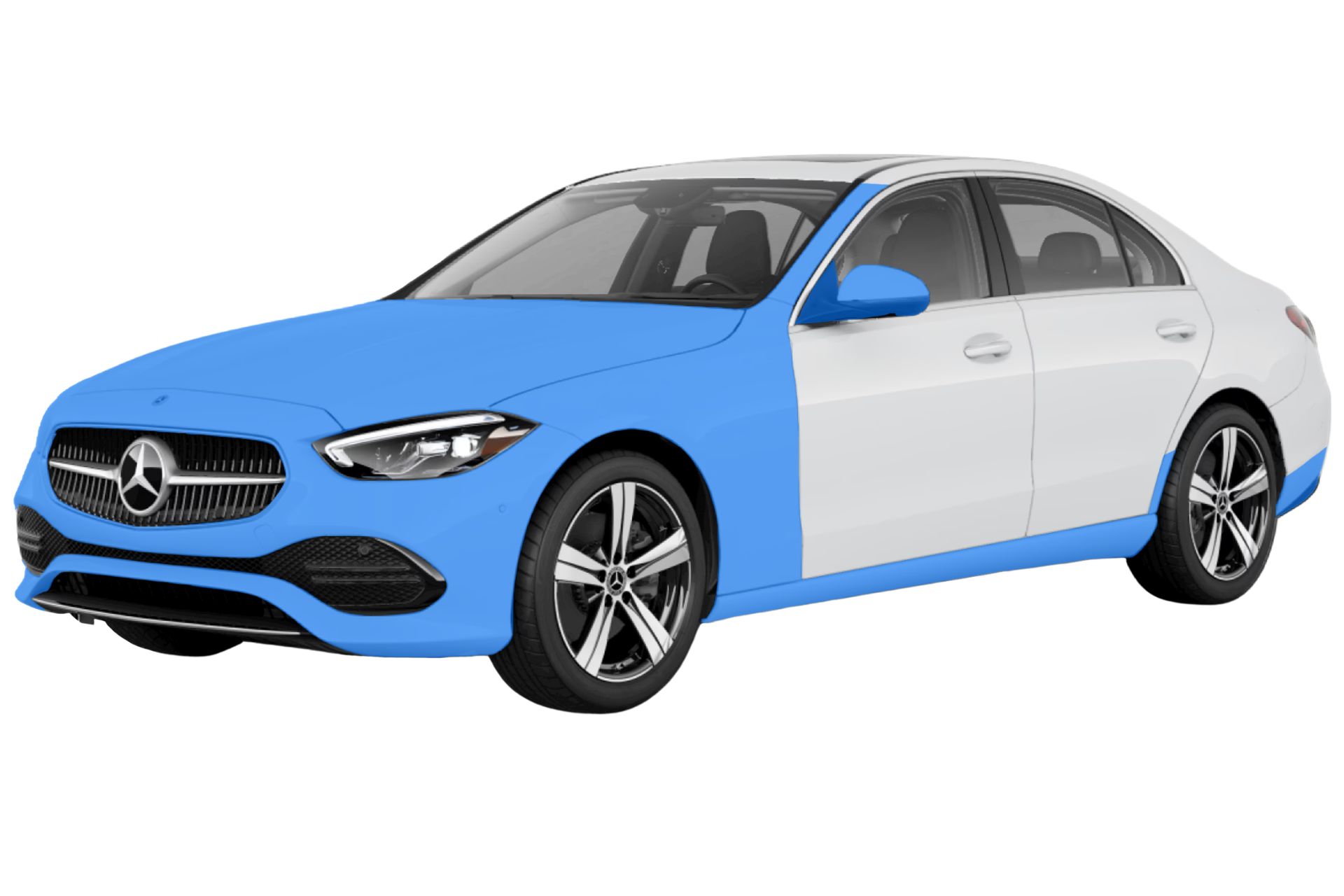 Track Package PPF coverage highlighted in blue on a white vehicle