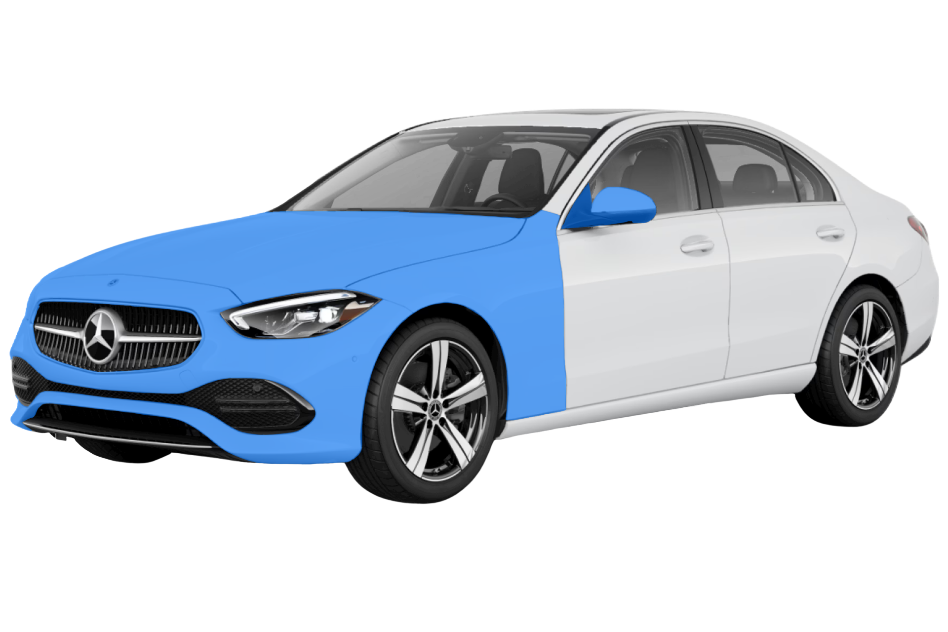Full Front PPF coverage highlighted in blue on a white vehicle