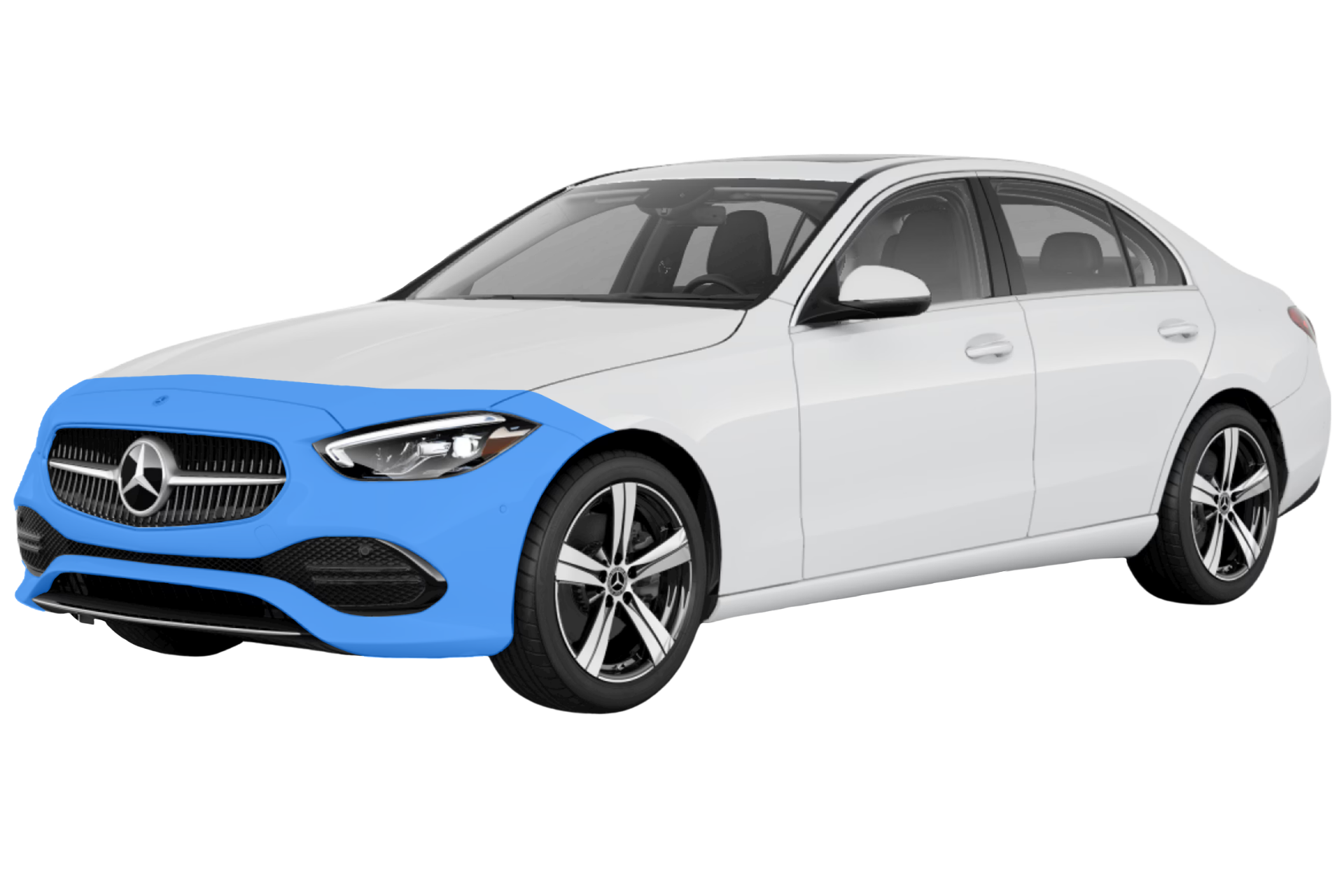Partial Front PPF coverage highlighted in blue on a white vehicle